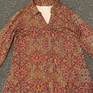 Susan Graver Red and Gold Floral Button Down Shirt